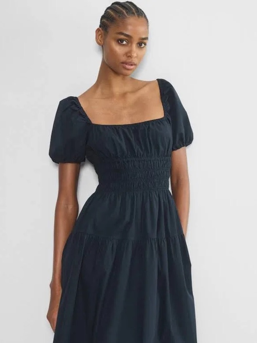 Aritzia Wilfred navy Smocked Midi Dress with Square Neck